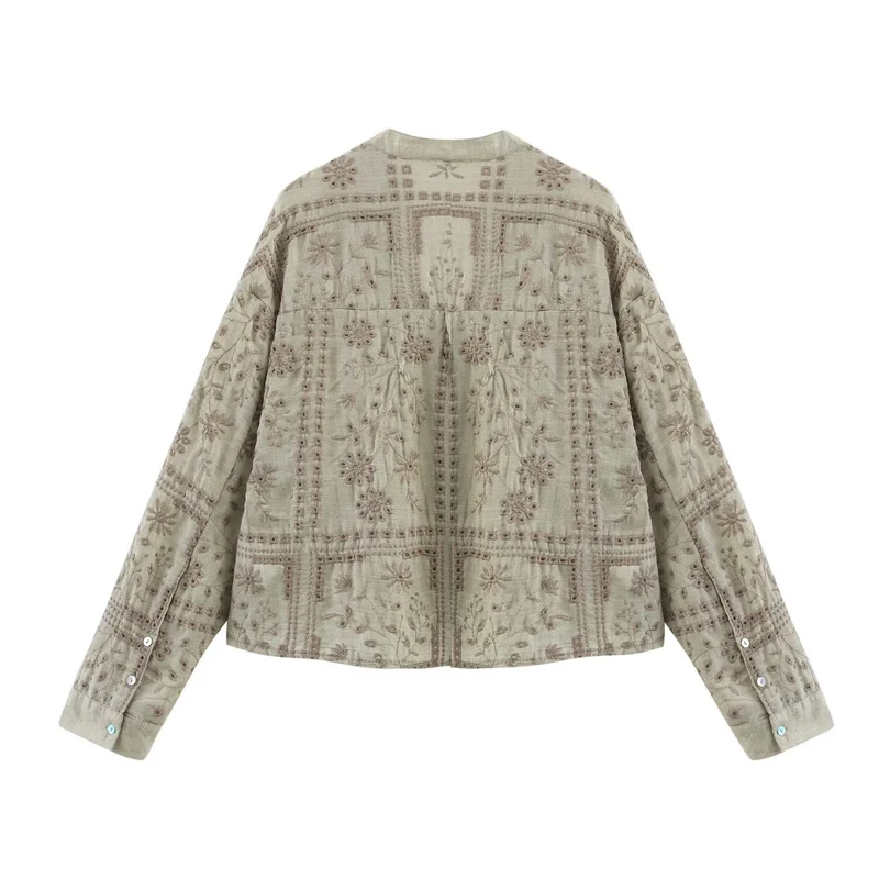 Damen Bestickte V‑Neck Boxy‑Bluse‑Jacke mit Patchwork‑Stickerei Nord Taschen