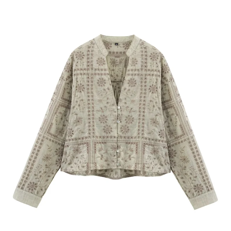 Damen Bestickte V‑Neck Boxy‑Bluse‑Jacke mit Patchwork‑Stickerei Nord Taschen