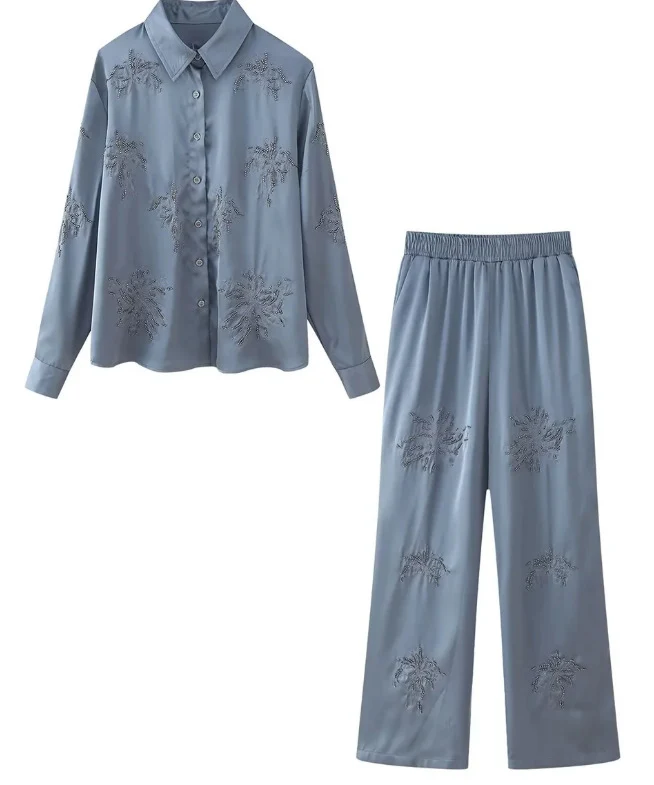 Damen bestickte Seidenoptik-Bluse mit funkelnden Kristallapplikationen und Hemdkragen Nord Taschen