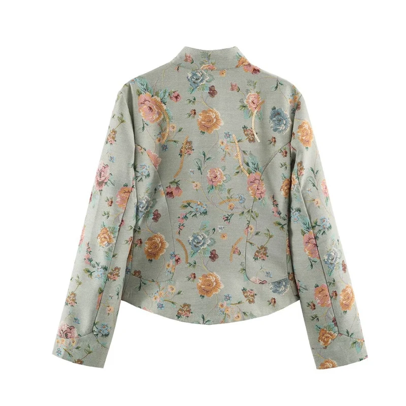 Damen Bestickte Jacquard-Kurzjacke mit Mandarin-Kragen und aufgesetzten Klappentaschen Nord Taschen