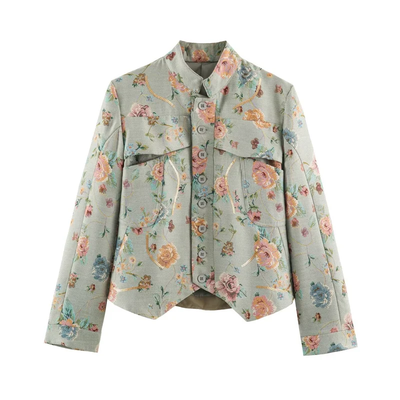 Damen Bestickte Jacquard-Kurzjacke mit Mandarin-Kragen und aufgesetzten Klappentaschen Nord Taschen