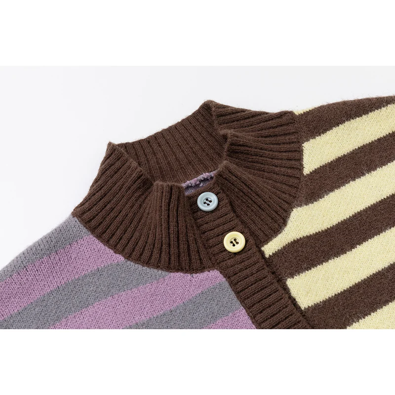 Damen Strickjacke im Patchwork-Streifenmix mit Stehkragen und Knopfleiste Nord Taschen