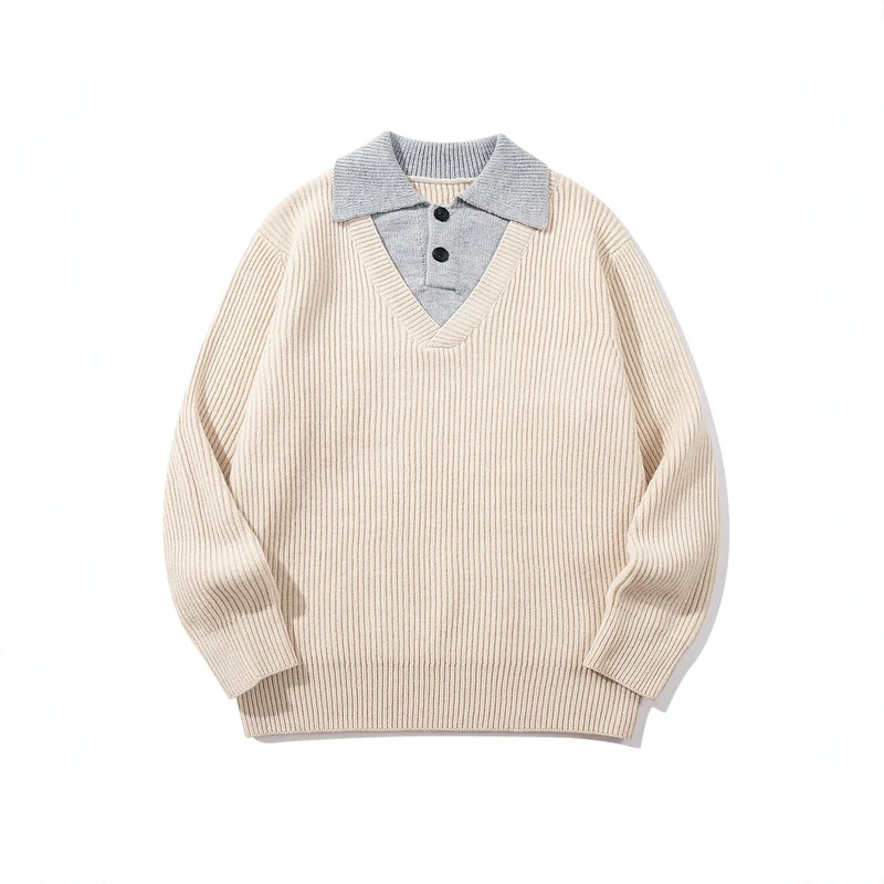 Herren Gerippter Strickpullover mit Polokragen‑Einsatz und tiefem V‑Ausschnitt Nord Taschen