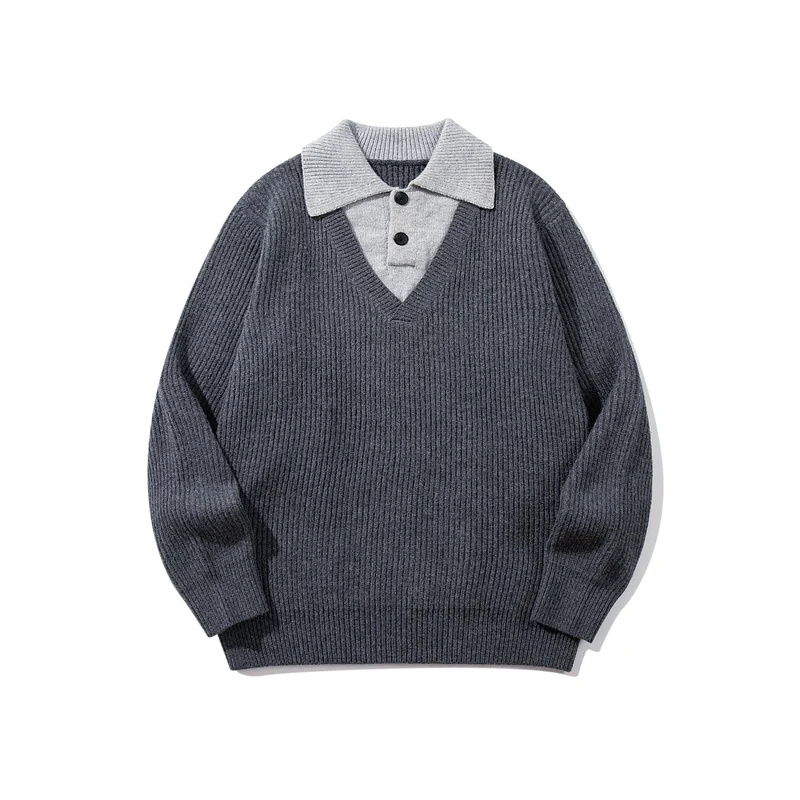 Herren Gerippter Strickpullover mit Polokragen‑Einsatz und tiefem V‑Ausschnitt Nord Taschen