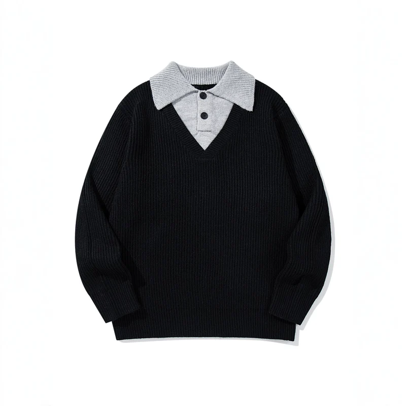 Herren Gerippter Strickpullover mit Polokragen‑Einsatz und tiefem V‑Ausschnitt Nord Taschen