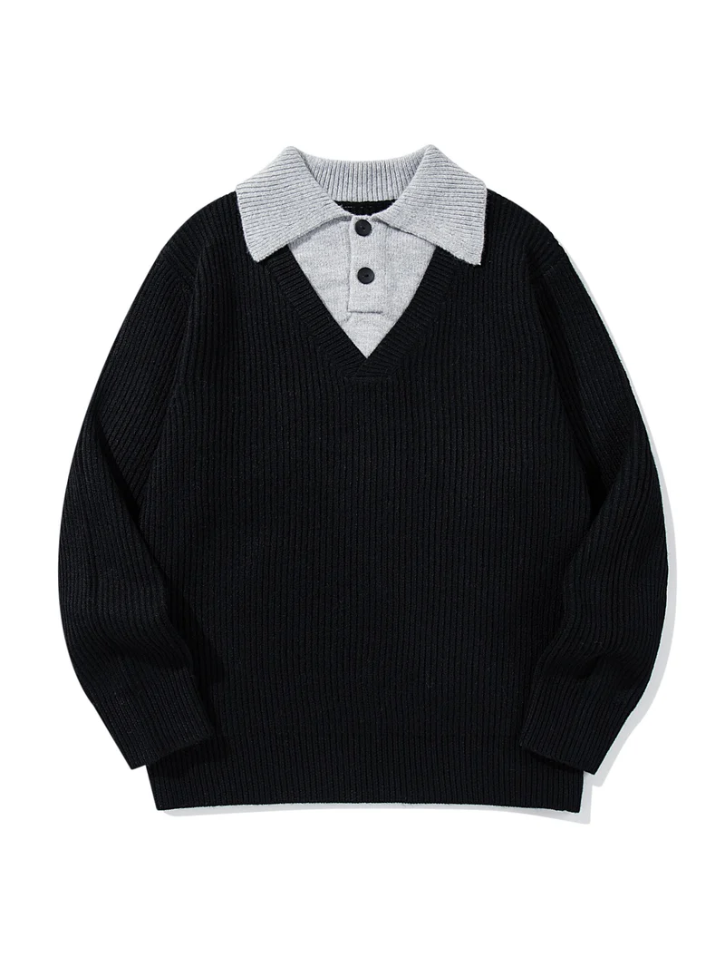Herren Gerippter Strickpullover mit Polokragen‑Einsatz und tiefem V‑Ausschnitt Nord Taschen