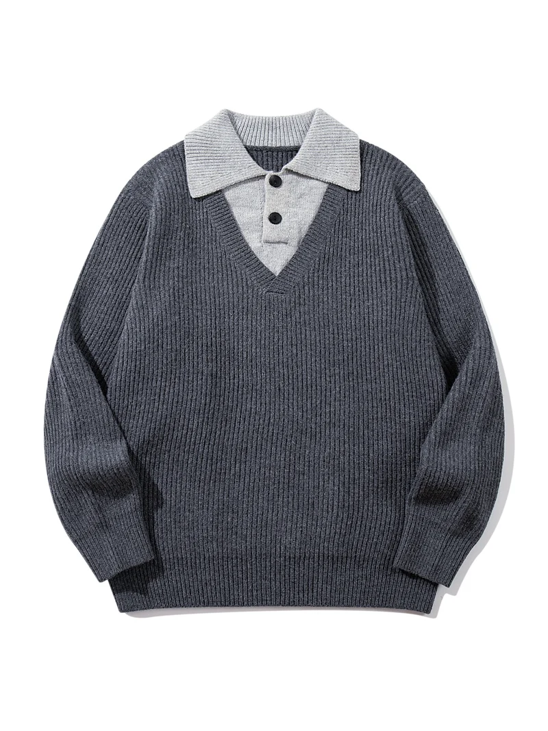 Herren Gerippter Strickpullover mit Polokragen‑Einsatz und tiefem V‑Ausschnitt Nord Taschen