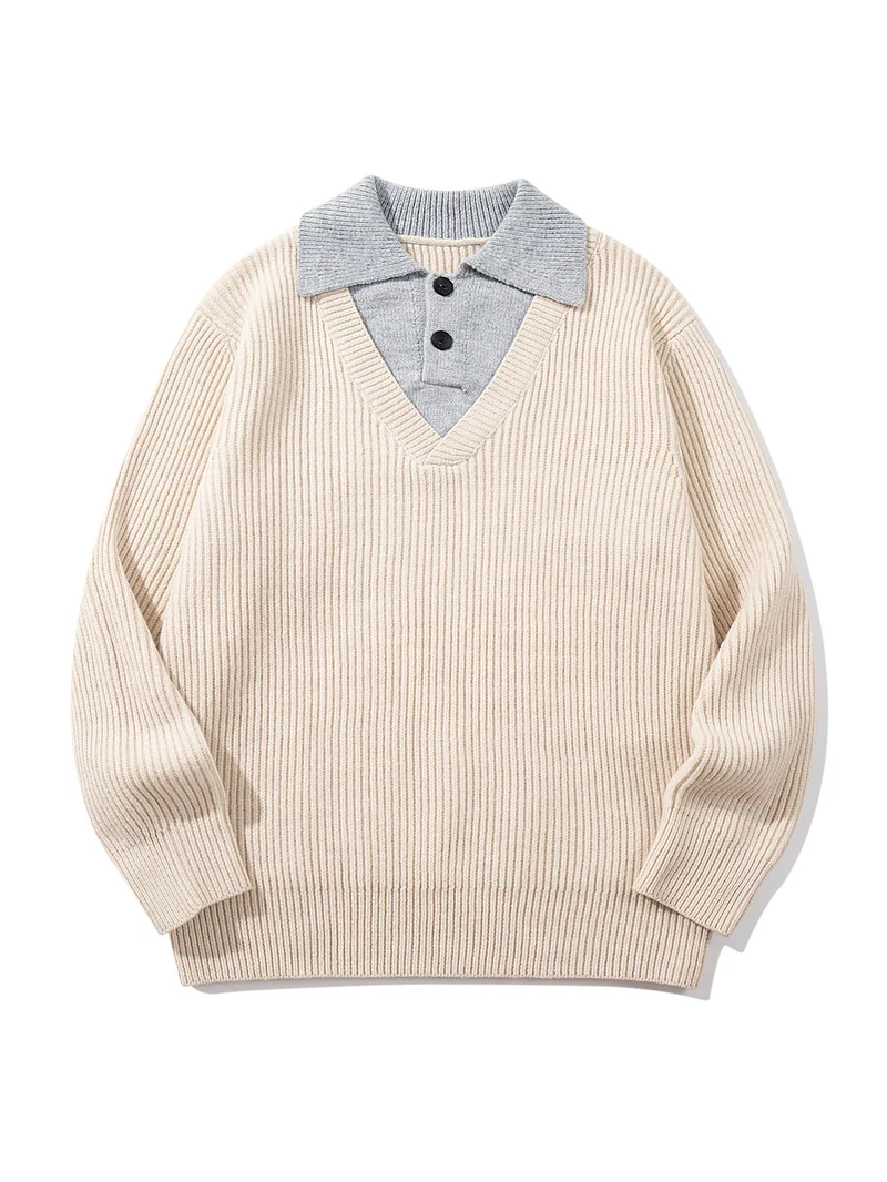Herren Gerippter Strickpullover mit Polokragen‑Einsatz und tiefem V‑Ausschnitt Nord Taschen
