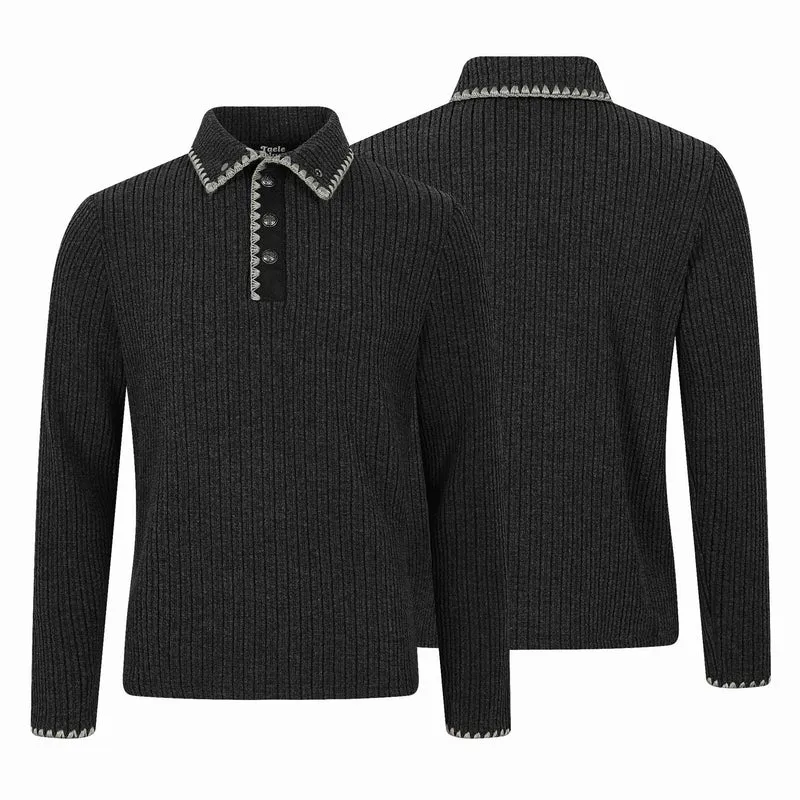 Herren Gerippter Polokragen-Pullover mit Ziernaht und Knopfleiste Nord Taschen