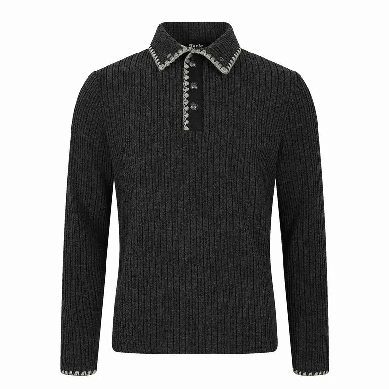 Herren Gerippter Polokragen-Pullover mit Ziernaht und Knopfleiste Nord Taschen