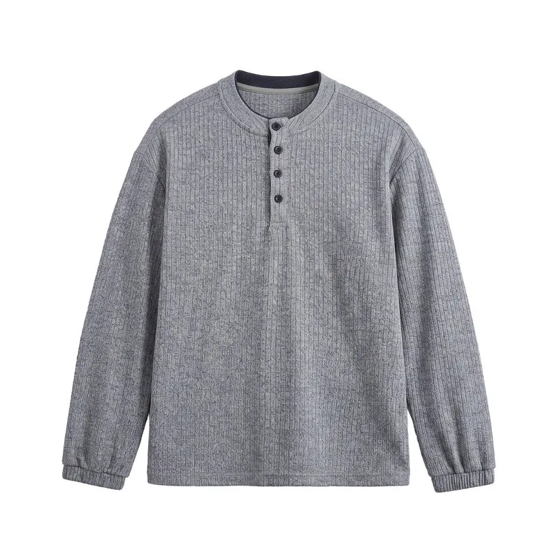 Herren Rippstruktur-Henley-Pullover mit Stehkragen und Knopfleiste Nord Taschen