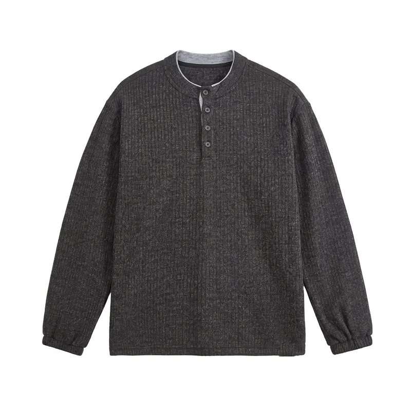 Herren Rippstruktur-Henley-Pullover mit Stehkragen und Knopfleiste Nord Taschen