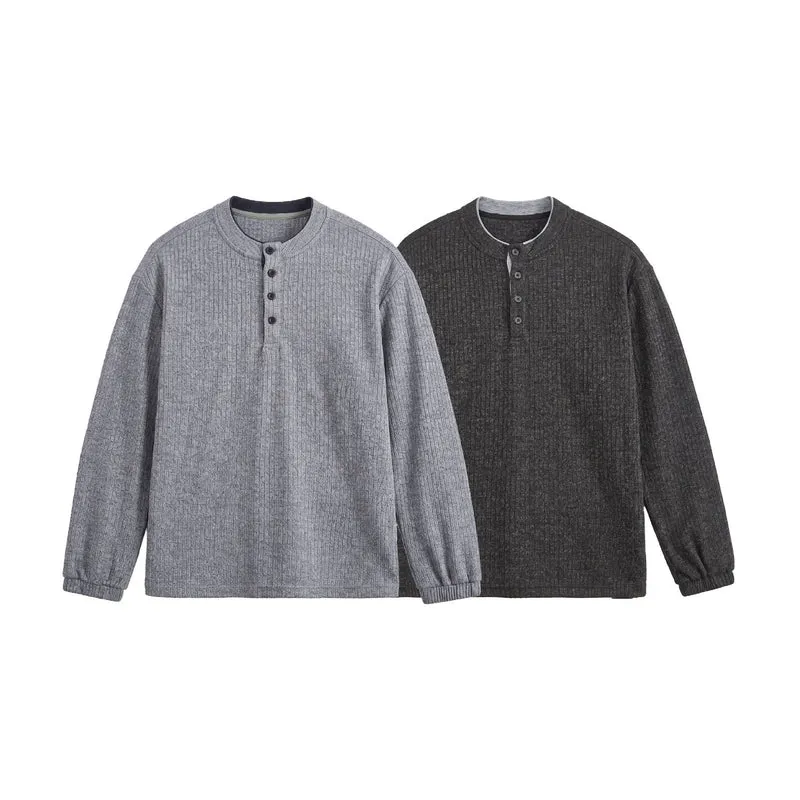 Herren Rippstruktur-Henley-Pullover mit Stehkragen und Knopfleiste Nord Taschen