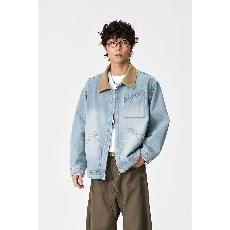 Herren Relaxed-Denimjacke mit Kontrast-Cordkragen und schräger Brusttasche Nord Taschen