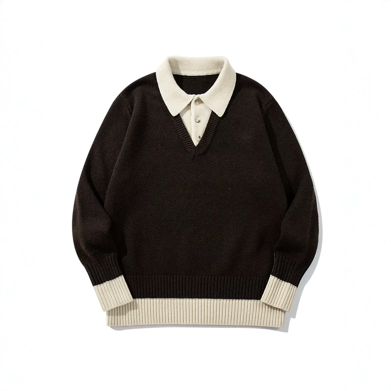 Herren Polokragen-Strickpullover mit Knopfleiste und kontrastierten Bündchen Nord Taschen
