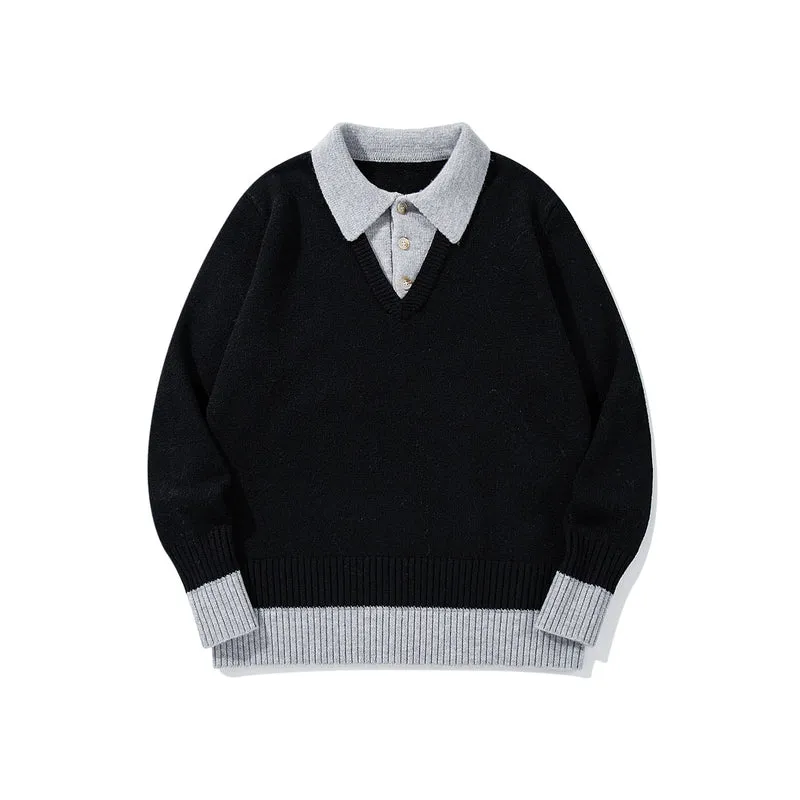Herren Polokragen-Strickpullover mit Knopfleiste und kontrastierten Bündchen Nord Taschen