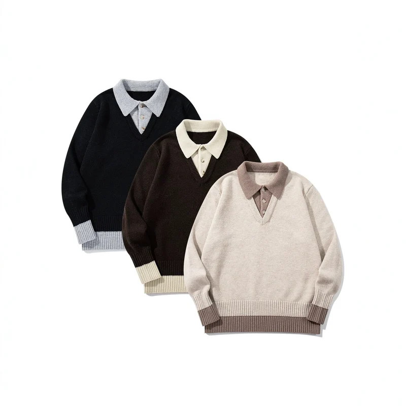 Herren Polokragen-Strickpullover mit Knopfleiste und kontrastierten Bündchen Nord Taschen