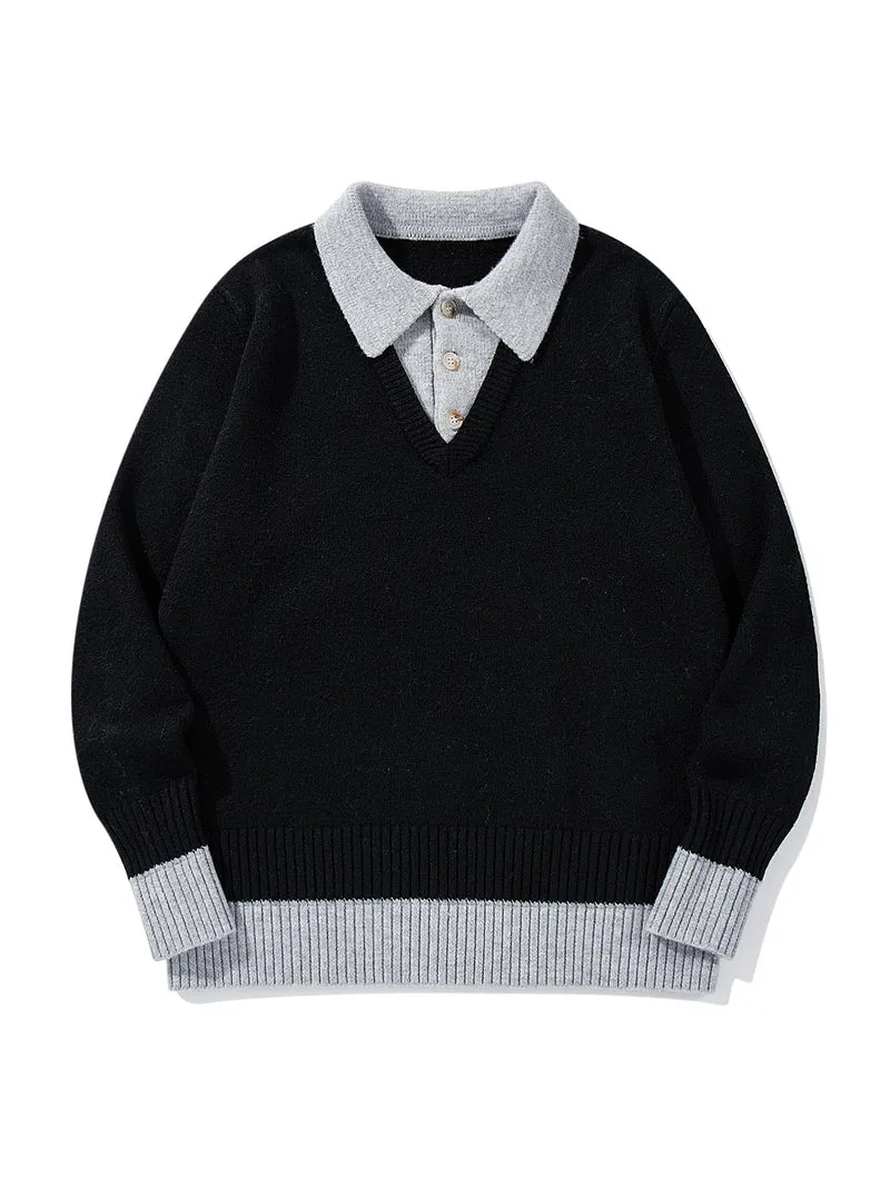 Herren Polokragen-Strickpullover mit Knopfleiste und kontrastierten Bündchen Nord Taschen