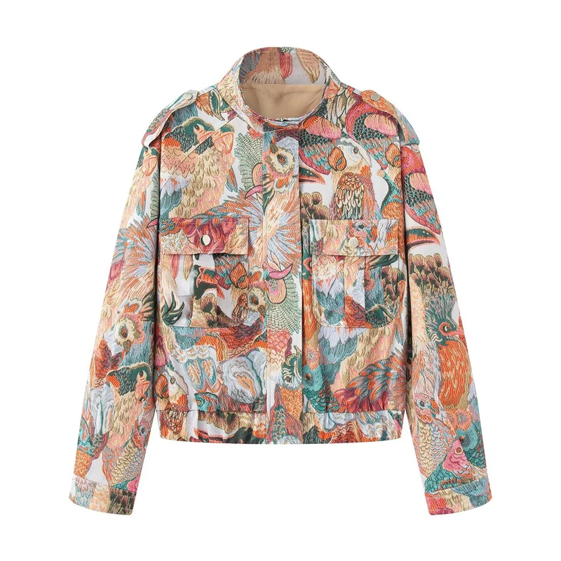 Damen gestickte Bomberjacke mit Vogelmotiven und aufgesetzten Taschen Nord Taschen