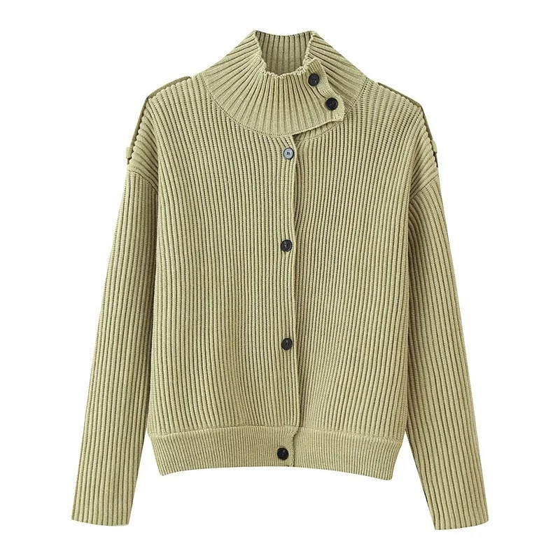 Damen Gerippter Strickcardigan mit Stehkragen und Schulterknopf-Detail Nord Taschen