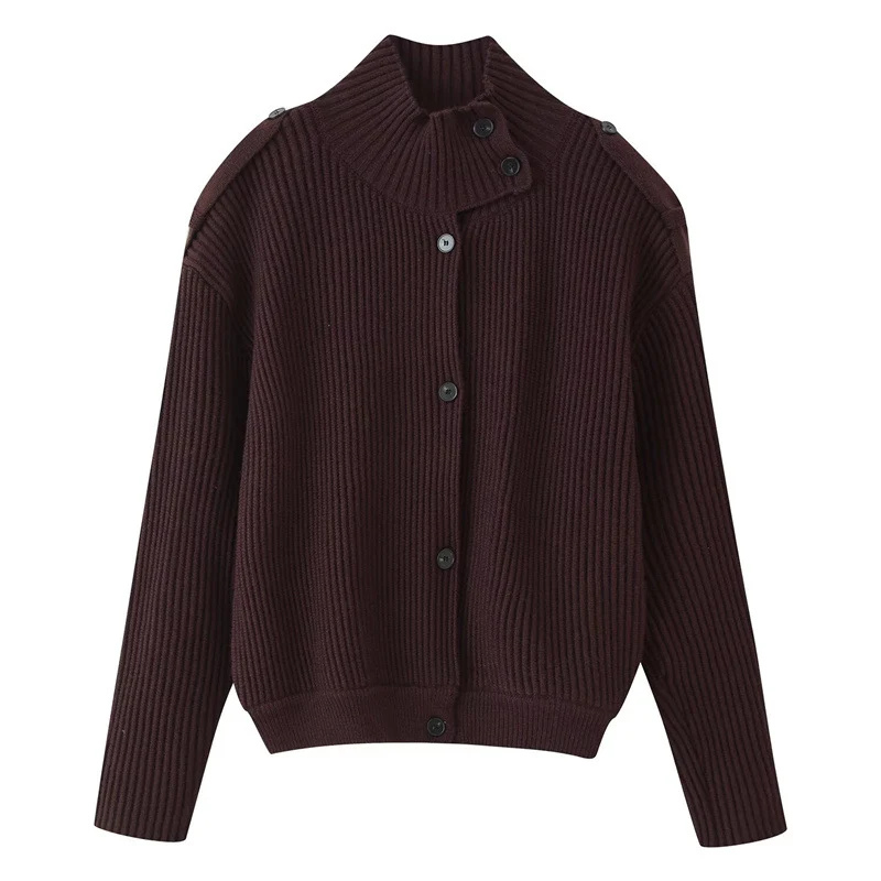 Damen Gerippter Strickcardigan mit Stehkragen und Schulterknopf-Detail Nord Taschen