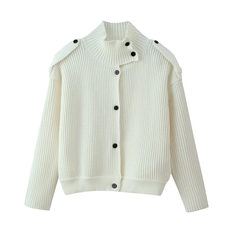 Damen Gerippter Strickcardigan mit Stehkragen und Schulterknopf-Detail Nord Taschen
