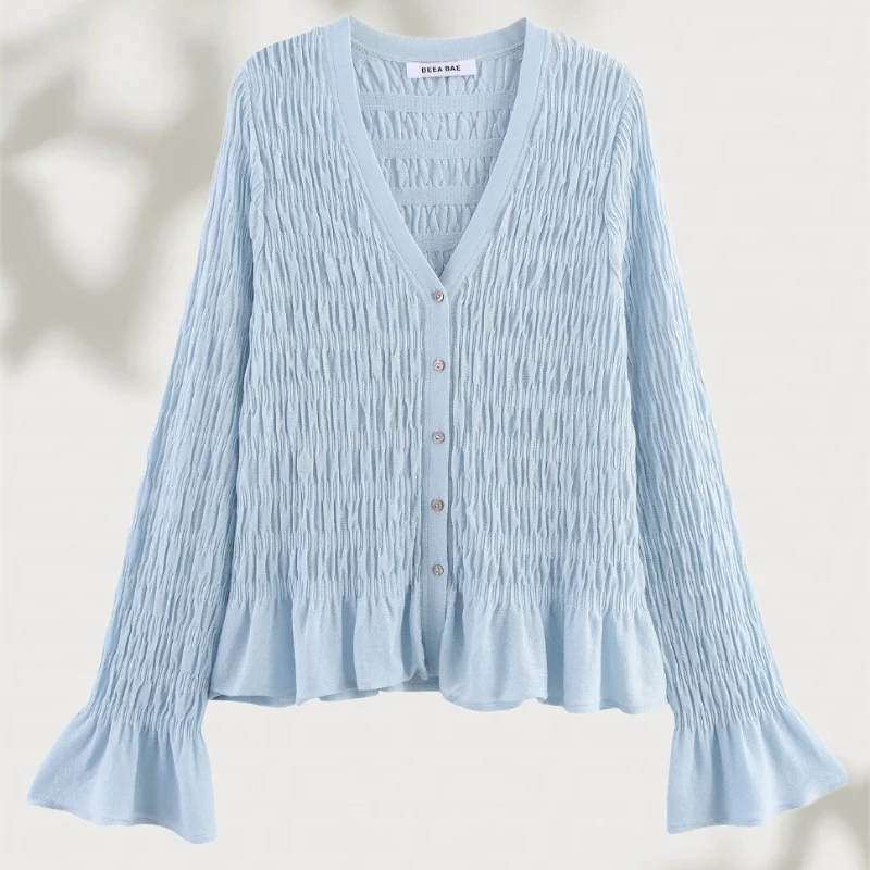 Damen geraffte Smock-Cardigan mit V-Ausschnitt und Volantärmeln Nord Taschen