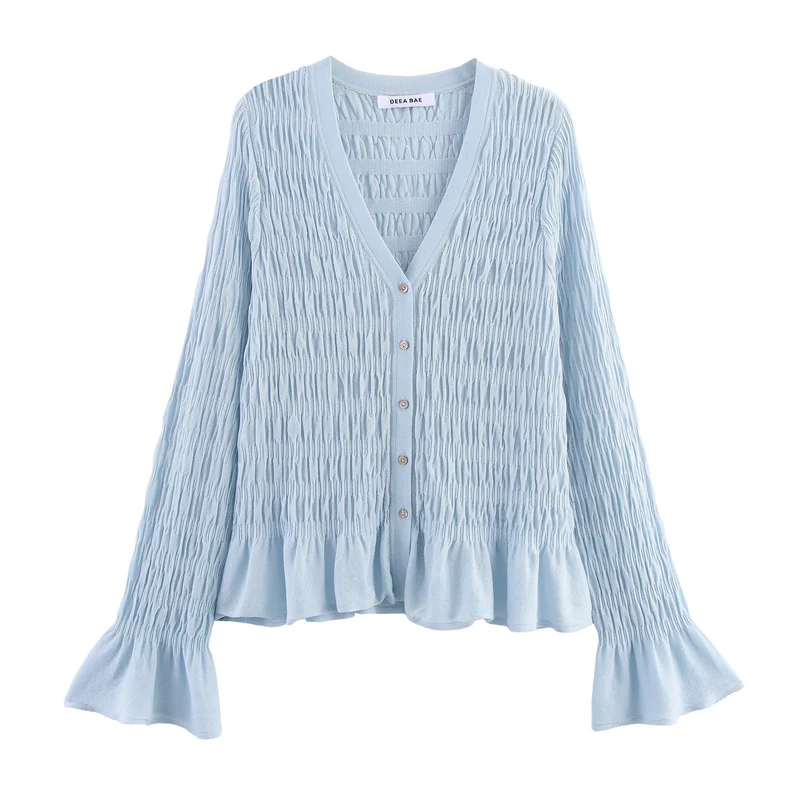 Damen geraffte Smock-Cardigan mit V-Ausschnitt und Volantärmeln Nord Taschen
