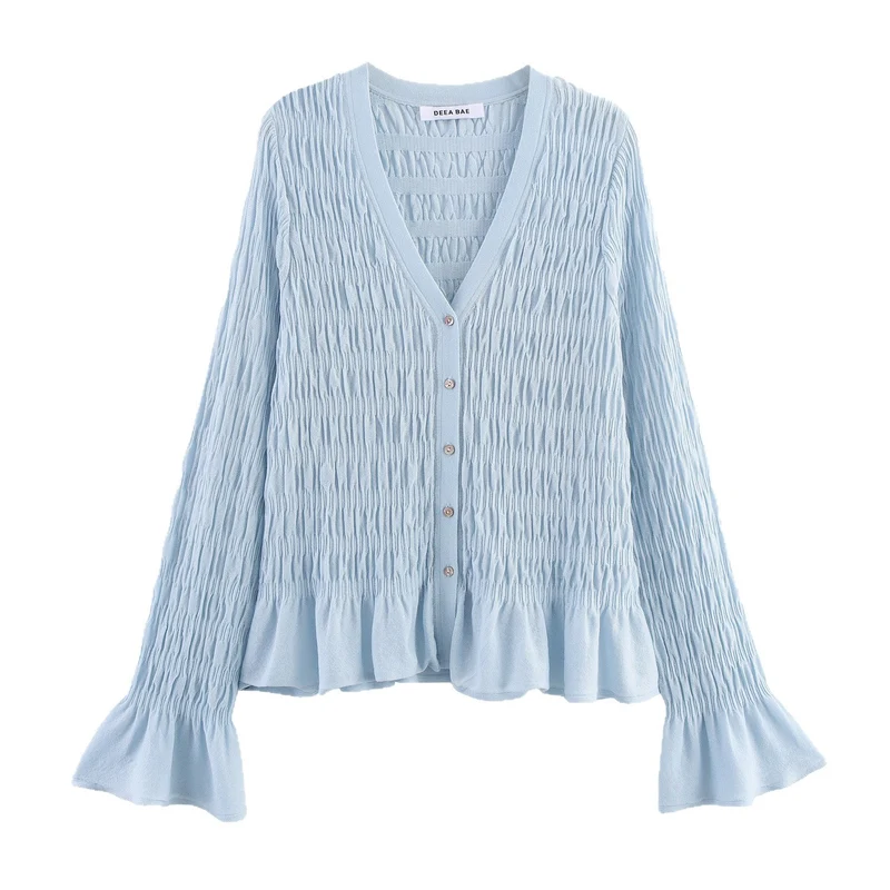 Damen geraffte Smock-Cardigan mit V-Ausschnitt und Volantärmeln Nord Taschen