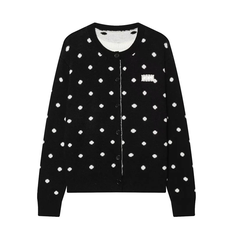 Damen Gepunkteter Strickcardigan mit Rundhals und Knopfleiste Nord Taschen