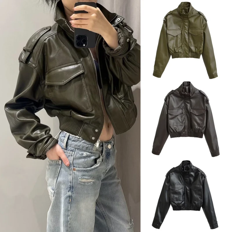 Damen Kurze PU-Leder-Bomberjacke mit hohem Stehkragen, Pattentaschen und Schulterklappen Nord Taschen
