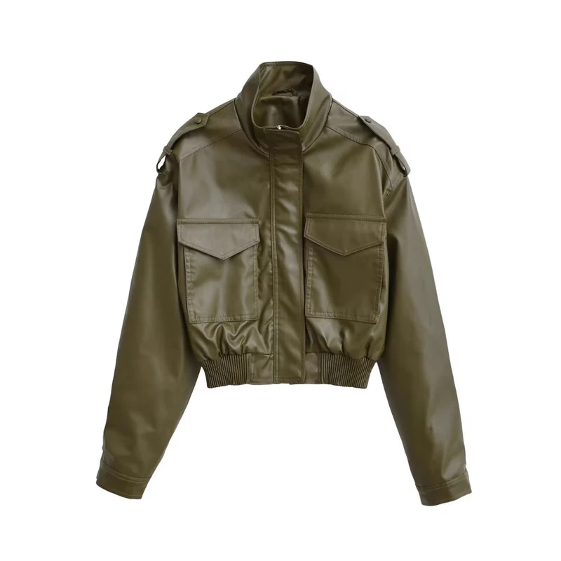 Damen Kurze PU-Leder-Bomberjacke mit hohem Stehkragen, Pattentaschen und Schulterklappen Nord Taschen