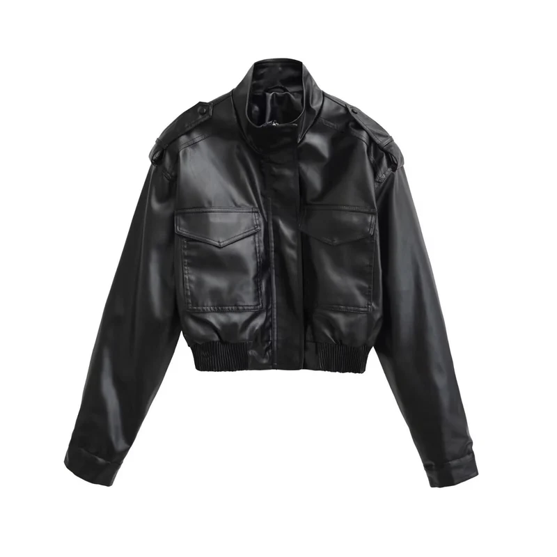 Damen Kurze PU-Leder-Bomberjacke mit hohem Stehkragen, Pattentaschen und Schulterklappen Nord Taschen
