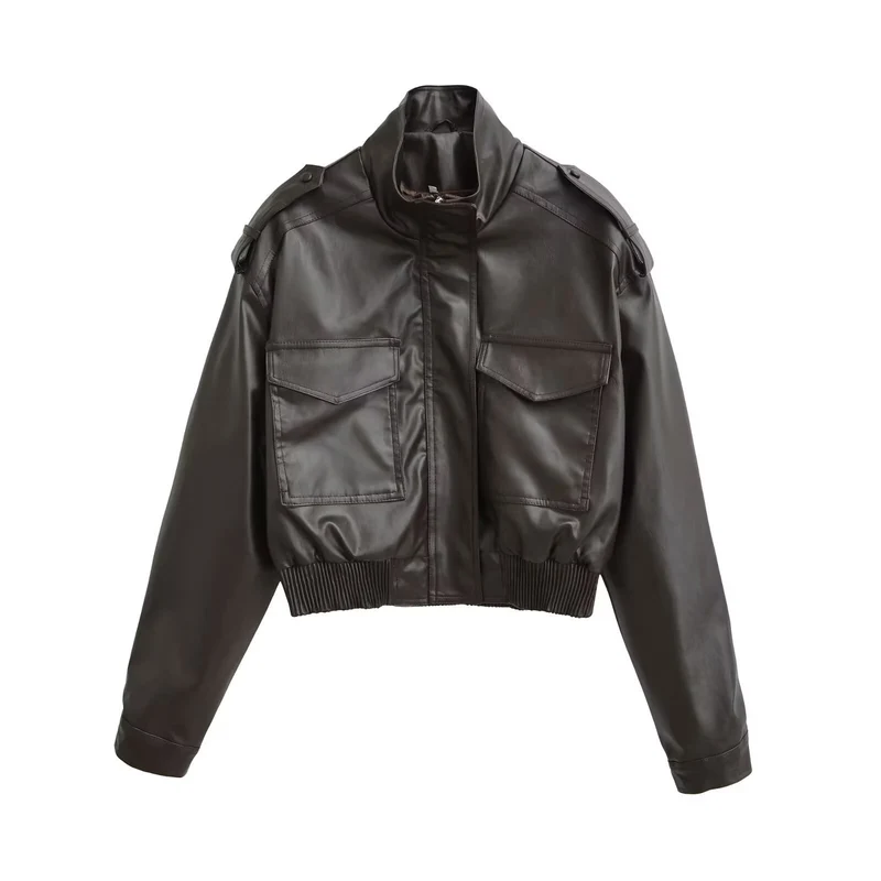 Damen Kurze PU-Leder-Bomberjacke mit hohem Stehkragen, Pattentaschen und Schulterklappen Nord Taschen