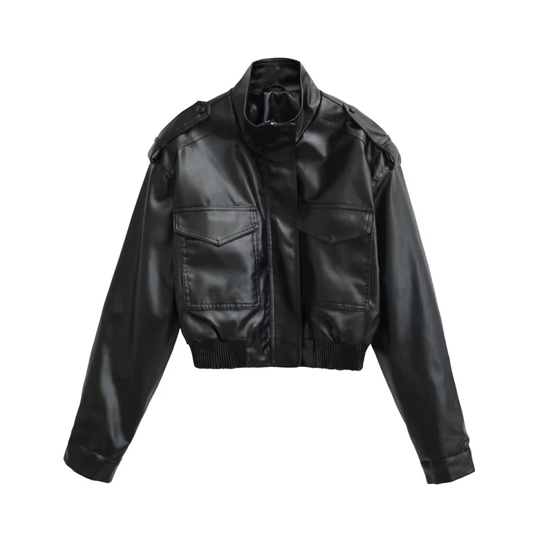 Damen Kurze PU-Leder-Bomberjacke mit hohem Stehkragen, Pattentaschen und Schulterklappen Nord Taschen