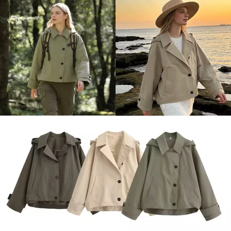 Damen Kurze Oversize-Trenchjacke mit Umlegekragen und Schulterklappen Nord Taschen