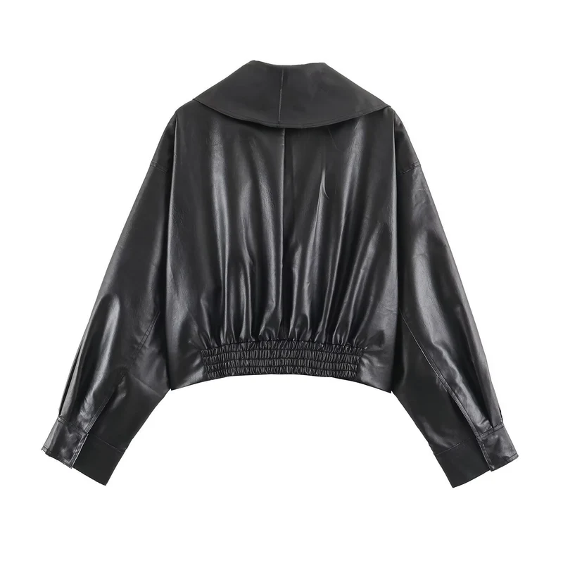 Damen Kurze Oversize-Lederoptikjacke mit weitem Schalkragen und Gürtel Nord Taschen