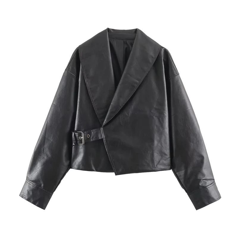 Damen Kurze Oversize-Lederoptikjacke mit weitem Schalkragen und Gürtel Nord Taschen