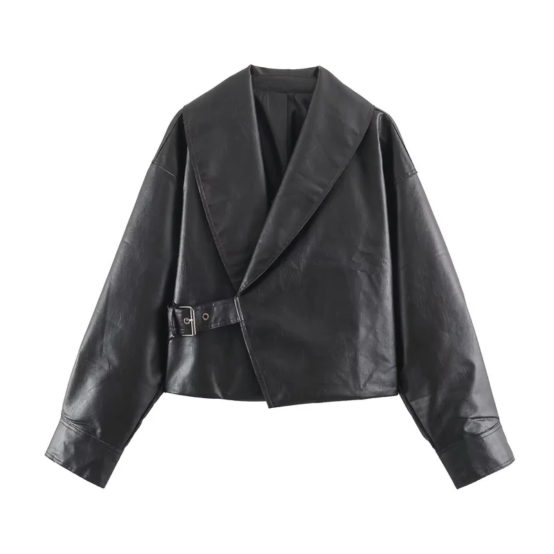 Damen Kurze Oversize-Lederoptikjacke mit weitem Schalkragen und Gürtel Nord Taschen