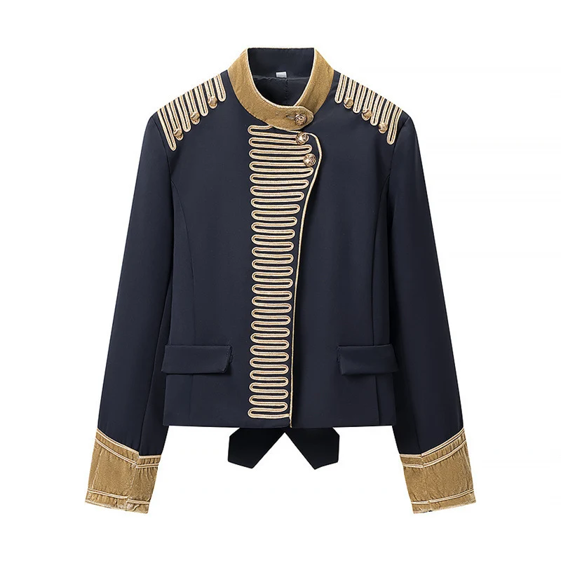 Damen Kurze militärisch inspirierte Jacke mit Stehkragen, Zierkordeln und goldbesetzten Manschetten Nord Taschen