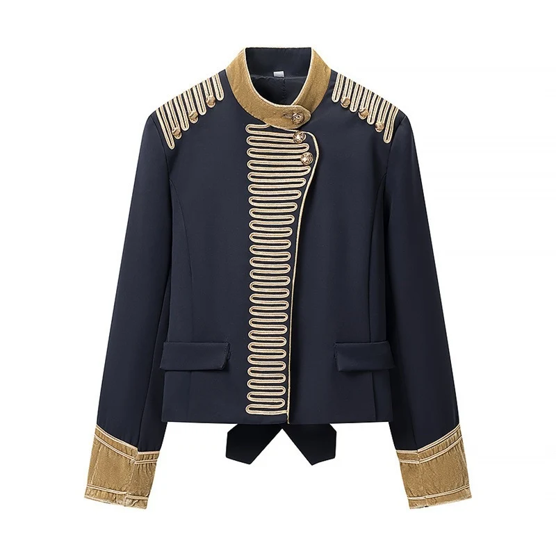 Damen Kurze militärisch inspirierte Jacke mit Stehkragen, Zierkordeln und goldbesetzten Manschetten Nord Taschen