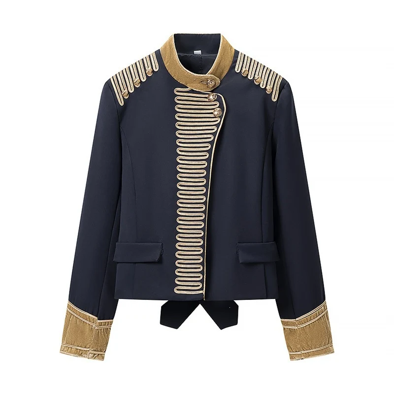 Damen Kurze militärisch inspirierte Jacke mit Stehkragen, Zierkordeln und goldbesetzten Manschetten Nord Taschen