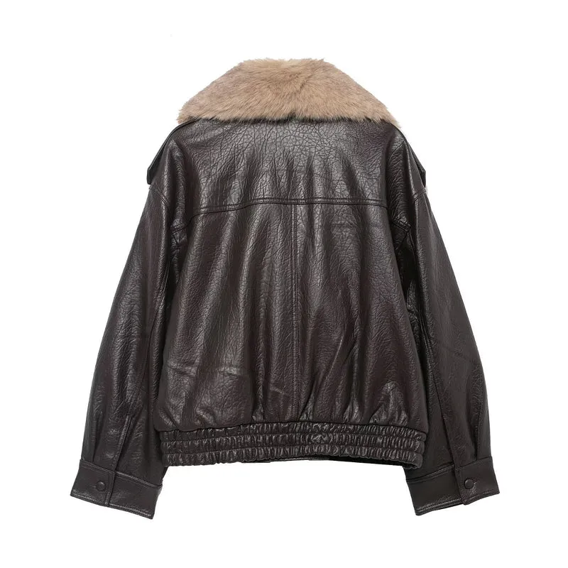 Damen Kurze Lederblousonjacke mit XXL-Fellkragen Nord Taschen