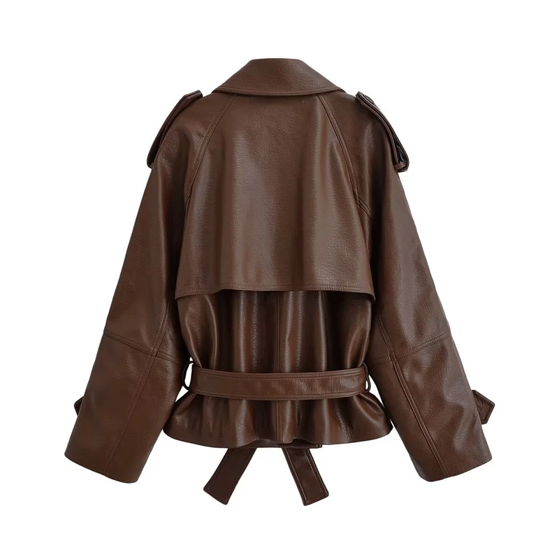 Damen kurze Kunstleder-Trenchjacke mit Taillengürtel und Schulterpatten Nord Taschen