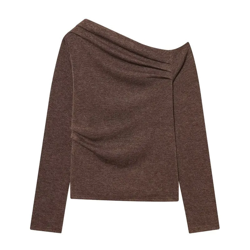 Damen asymmetrischer Feinstrick-Pullover mit Wasserfallkragen und taillierter Silhouette Nord Taschen
