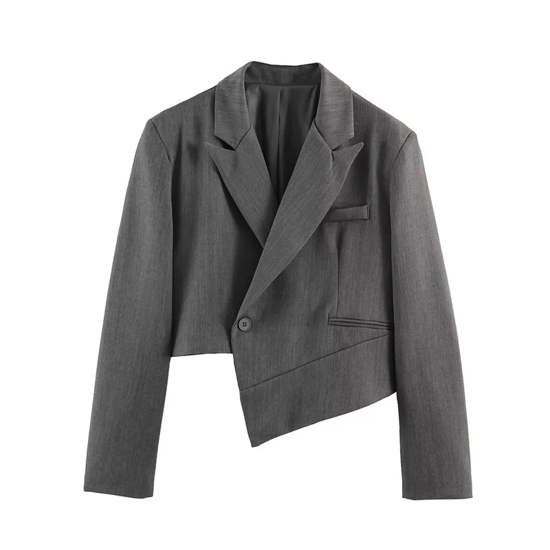 Damen Asymmetrischer Cropped-Blazer mit schräger Saumlinie und Reverskragen Nord Taschen