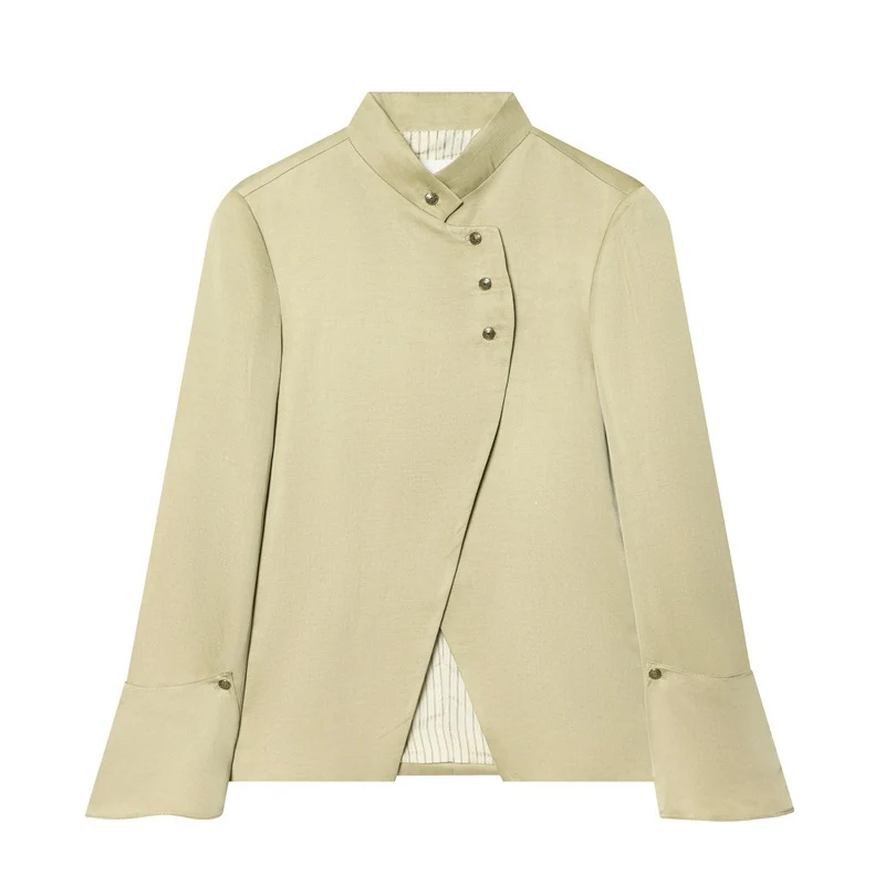 Damen Asymmetrische Blusenjacke mit Stehkragen und ausgestellten Manschetten Nord Taschen