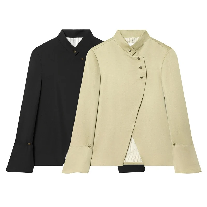 Damen Asymmetrische Blusenjacke mit Stehkragen und ausgestellten Manschetten Nord Taschen