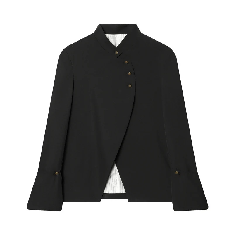 Damen Asymmetrische Blusenjacke mit Stehkragen und ausgestellten Manschetten Nord Taschen