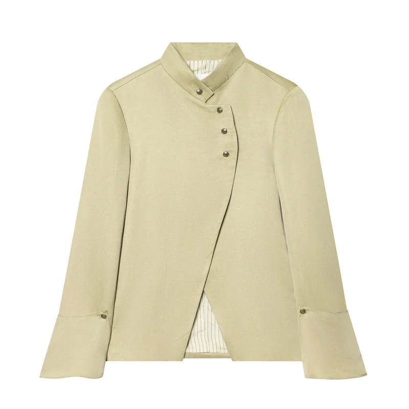 Damen Asymmetrische Blusenjacke mit Stehkragen und ausgestellten Manschetten Nord Taschen